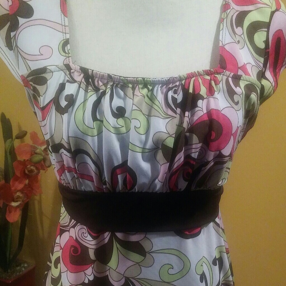 A. Byer brown, pink and green patterned top